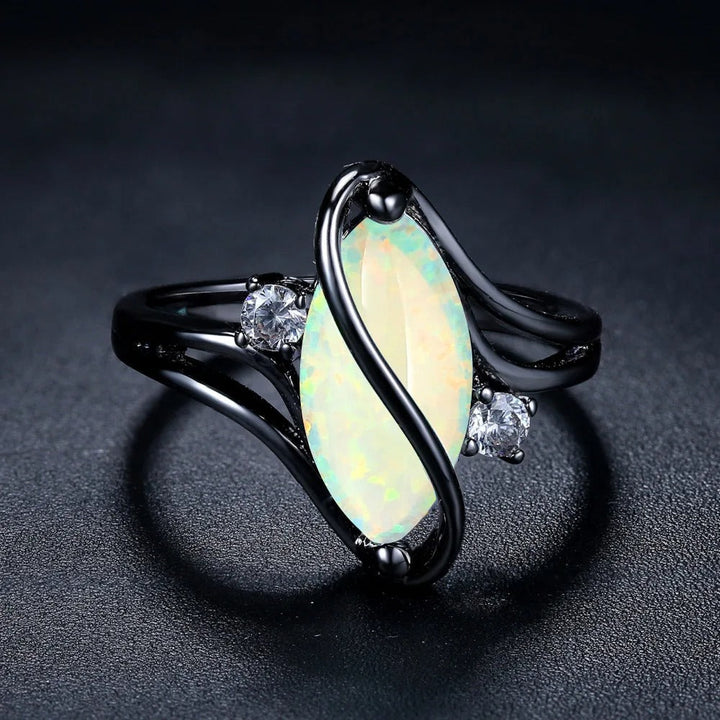 Vintage Black Silver Opal &amp; Crystal Accent Ring
