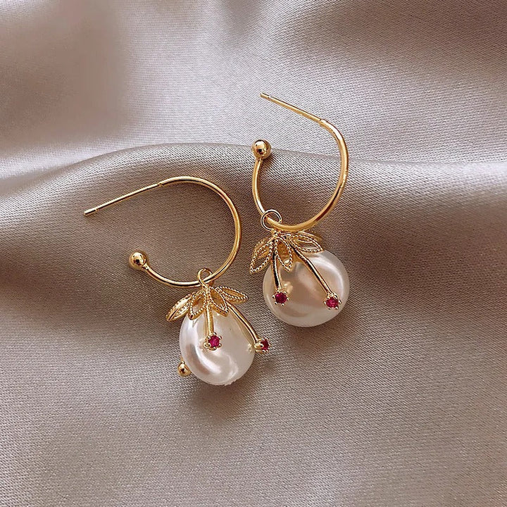 Vintage Gold &amp; Pearl Cherry Earrings