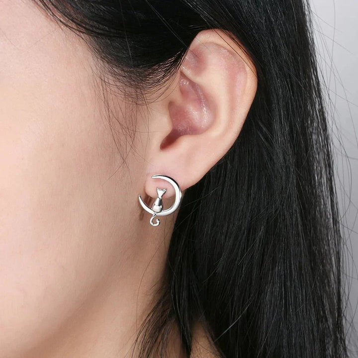 Moon &amp; Cat Sterling Silver Stud Cat Earrings