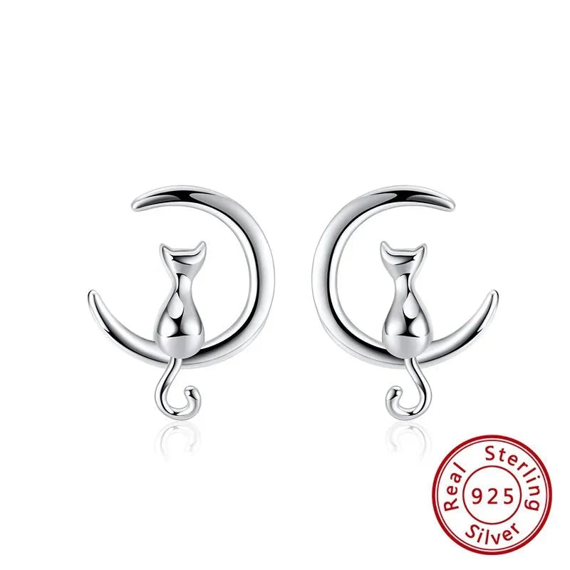 Moon &amp; Cat Sterling Silver Stud Cat Earrings