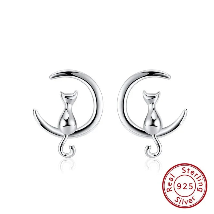 Moon &amp; Cat Sterling Silver Stud Cat Earrings