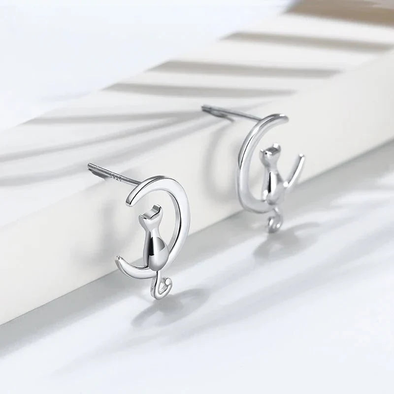 Moon &amp; Cat Sterling Silver Stud Cat Earrings