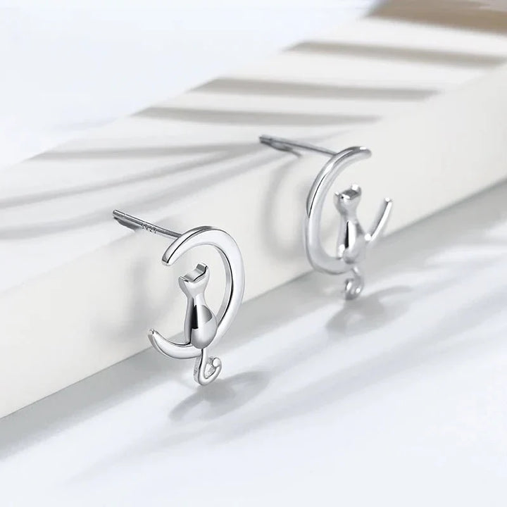 Moon &amp; Cat Sterling Silver Stud Cat Earrings