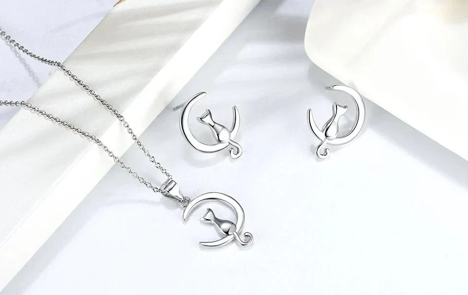 Moon &amp; Cat Sterling Silver Stud Cat Earrings
