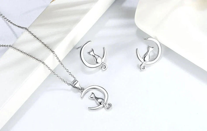 Moon &amp; Cat Sterling Silver Stud Cat Earrings