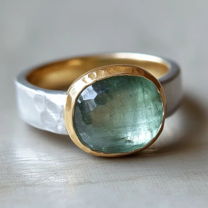 Vintage Green Glass Gold &amp; Silver Forged Ring